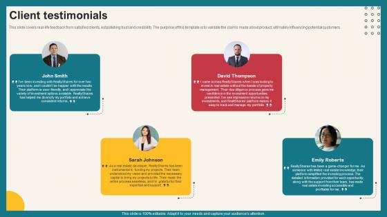 Client Testimonials Investment Opportunities Platform Funding Elevator Pitch Deck Client Testimonials Investment Opportunities Platform Funding Elevator Pitch Deck