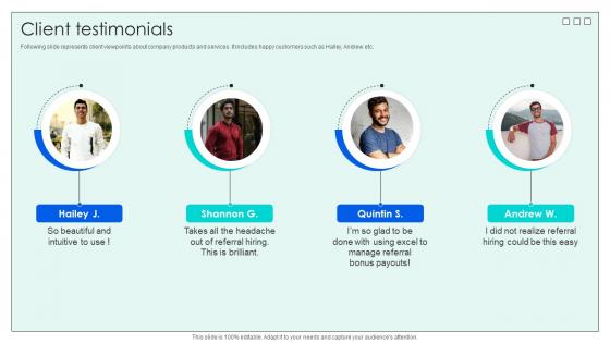 Client Testimonials Investor Funding Elevator Pitch Deck For Effective Employee Hiring