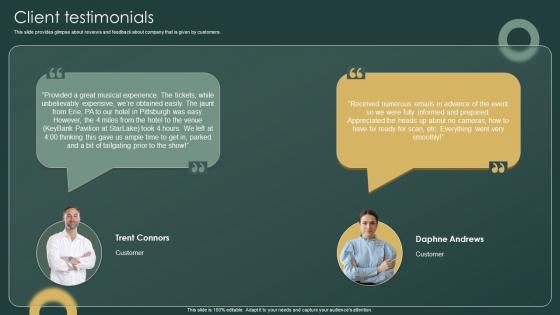 Client Testimonials Investor Funding Elevator Pitch Deck For Ticketing Management Firm