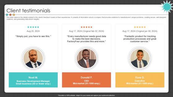 Client Testimonials Manufacturing Control Software Company Investor PPT Presentation