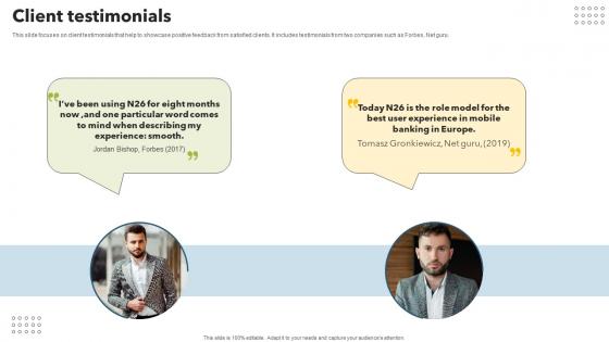 Client Testimonials Mobile Banking App Investor Funding Elevator Pitch Deck
