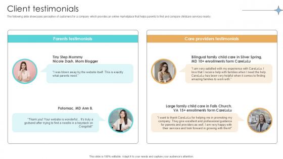 Client Testimonials Online Marketplace Investor Funding Elevator Pitch Deck Ppt Slide