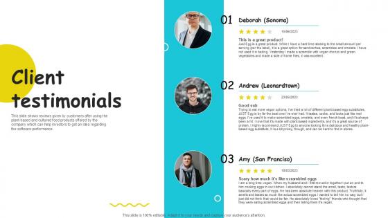 Client Testimonials Plant Based Eggs Developing Company Investor PPT PowerPoint