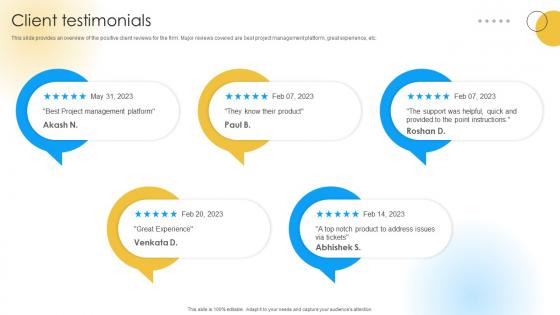 Client Testimonials Software Development Company Funding Elevator Pitch Deck