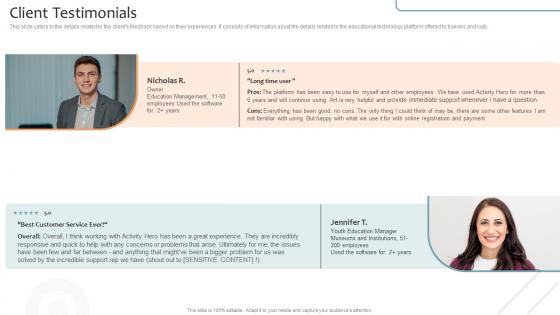 Client Testimonials Virtual Learning Environments VLE Investor Funding Elevator Pitch Deck