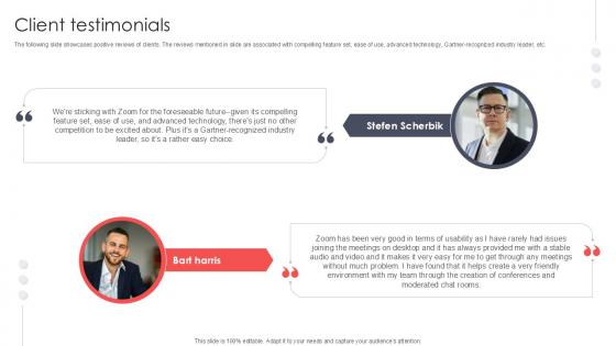 Client Testimonials Virtual Meeting Investor Funding Elevator Pitch Deck PPT Presentation