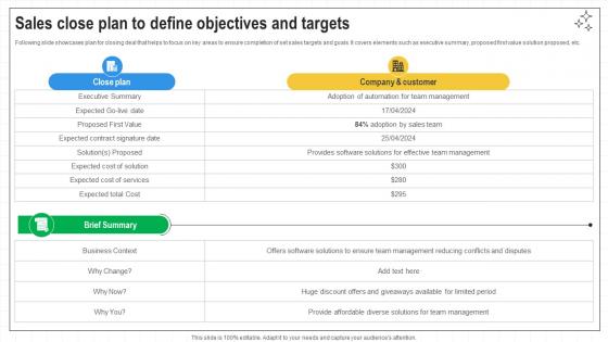 Closing Techniques To Seal Sales Close Plan To Define Objectives And Targets SA SS V