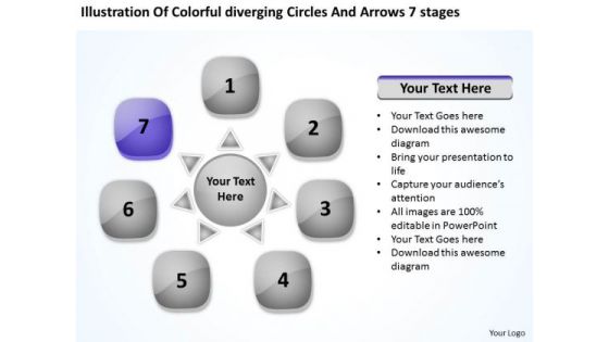 Colorful Diverging Circles And Arrows 7 Stages Circular Layout Chart PowerPoint Templates
