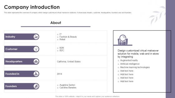 Company Introduction Cosmetic Products Platform Investor Ppt Slides