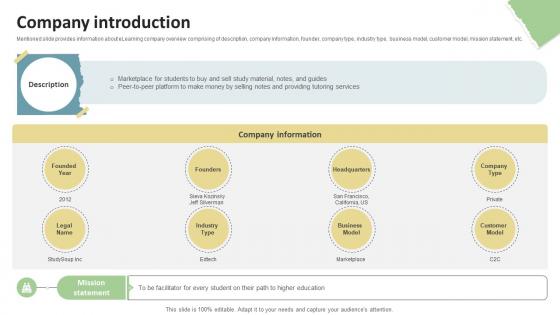 Company Introduction Education Platform Investor Funding Elevator Pitch Deck