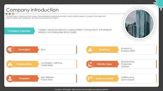 Company Introduction Manufacturing Control Software Company Investor PPT Template