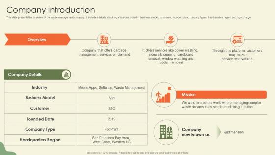 Company Introduction Waste Disposal Platform Pitch Deck Ppt Slides