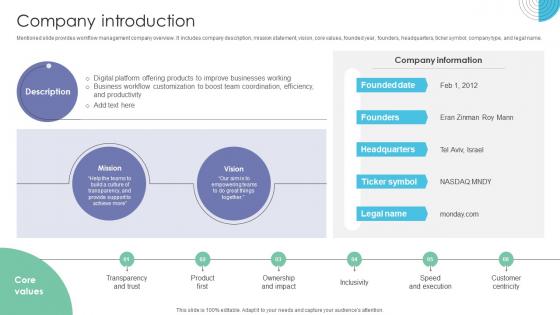 Company Introduction Workflow Management Investor Funding Elevator Pitch Deck Company Introduction Workflow Management Investor Funding Elevator Pitch Deck