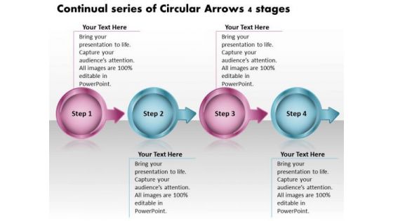 Continual Series Of Circular Arrows 4 Stages Flowcharting Tools PowerPoint Slides