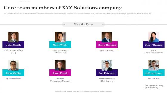 Core Team Members Of XYZ Gaming Venture Investment Elevator Pitch Deck Ppt Powerpoint