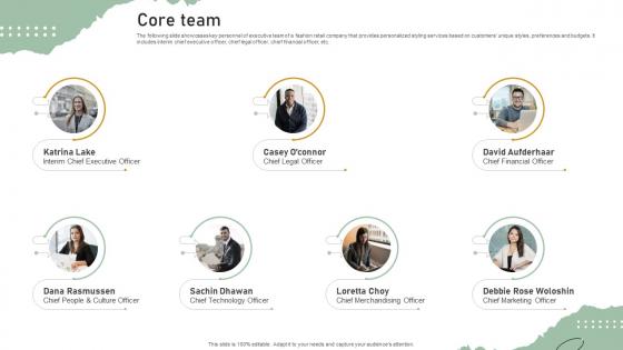 Core Team Personal Styling Service Investor Funding Elevator Pitch Deck