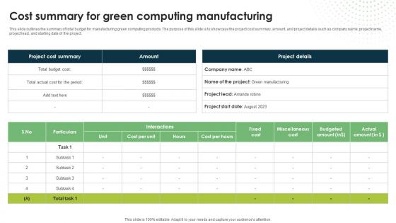 Cost Summary For Green Computing Manufacturing Eco Friendly Computing IT