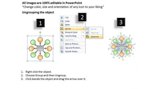 Demonstration Of 8 Diverging Process Flows Circular Layout Diagram PowerPoint Templates