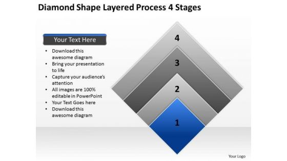 Diamond Shape Layered Process 4 Stages Professional Business Plan Template PowerPoint Slides