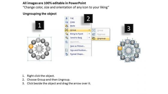 Diverging 11 Factors Round Manner Circular Flow Motion Process PowerPoint Slides