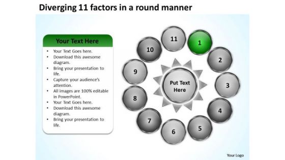 Diverging 11 Factors Round Manner Radial Diagram PowerPoint Templates