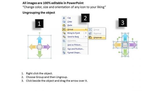 Diverging Actions Flow Diagram 4 Stages Circular Network PowerPoint Slides
