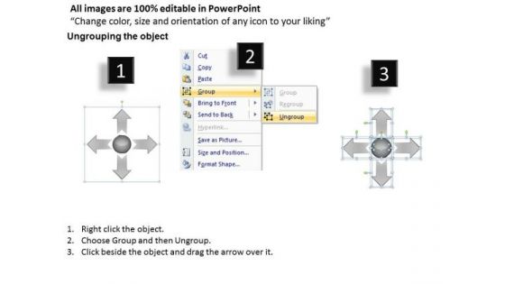 Diverging Actions Flow Diagram 4 Stages Circular Process PowerPoint Slides