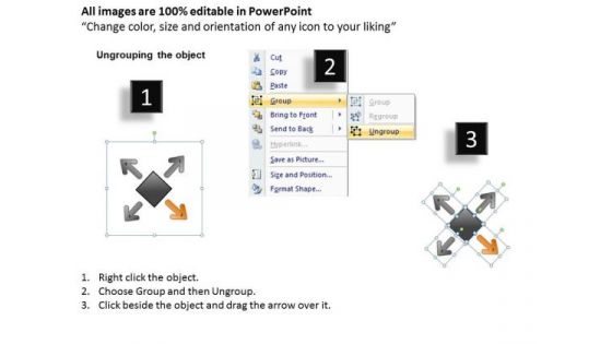 Diverging Arrows Pointing Different Directions Circular Process Chart PowerPoint Slides