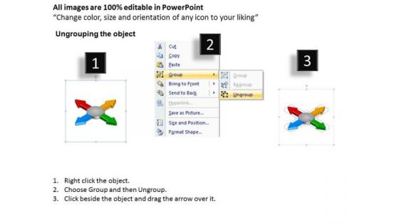 Diverging Four Arrows Colorful Flow Diagram Cycle PowerPoint Slides