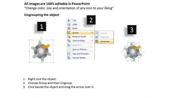 Diverging Six Factors Sequential Flow Circular Arrow Diagram PowerPoint Slides