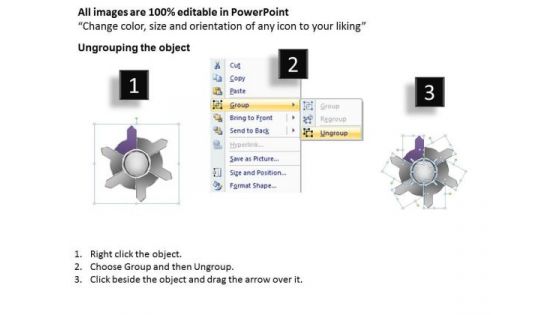 Diverging Six Factors Sequential Flow Circular Arrow Process PowerPoint Slides