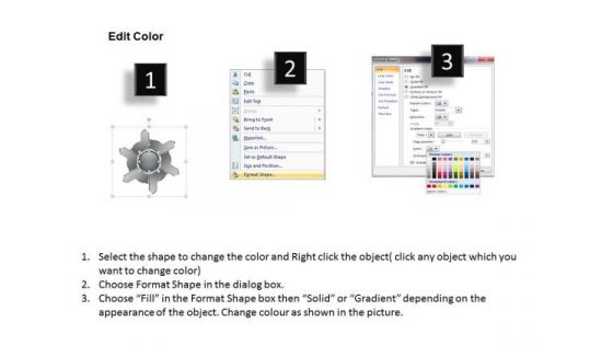 Diverging Six Factors Sequential Flow Circular Layout Chart PowerPoint Templates