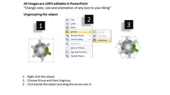 Diverging Six Factors Sequential Flow Cycle Layout Chart PowerPoint Slides