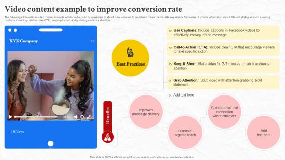 Facebook Marketing Techniques Video Content Example To Improve Conversion Rate Strategy SS V