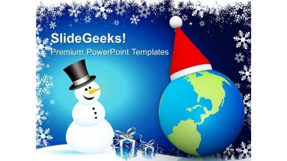 Globe With Red Hat Christmas Background PowerPoint Templates Ppt Backgrounds For Slides 1212