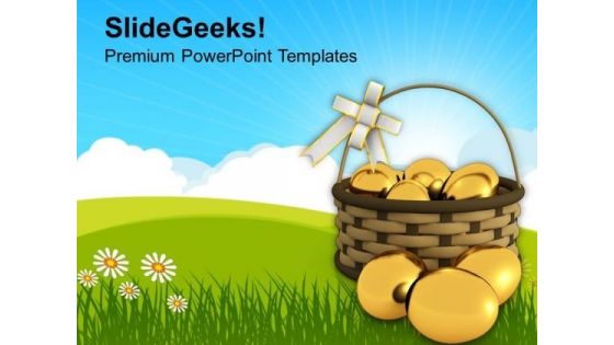 Golden Easter Eggs In Basket Tradition PowerPoint Templates Ppt Backgrounds For Slides 0313