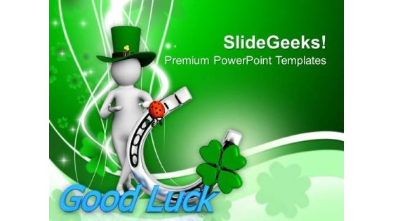 Green Hat Man With Good Luck Symbol PowerPoint Templates Ppt Backgrounds For Slides 0313