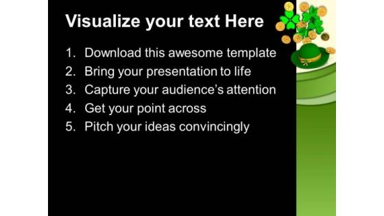 Green Hat With Clover Bunch Shamrock Coins PowerPoint Templates Ppt Backgrounds For Slides 0313