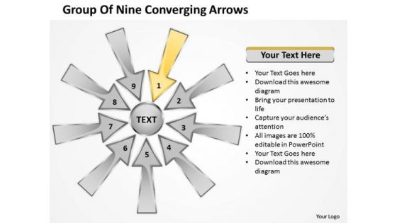 Group Of Nine Coverging Arrows Circular Flow Process PowerPoint Slides