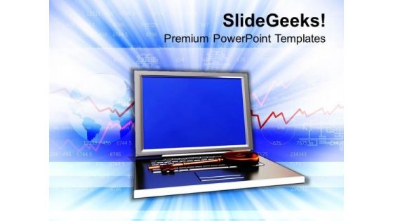 Illustration Depicting Brass Key On Laptop PowerPoint Templates Ppt Backgrounds For Slides 0113