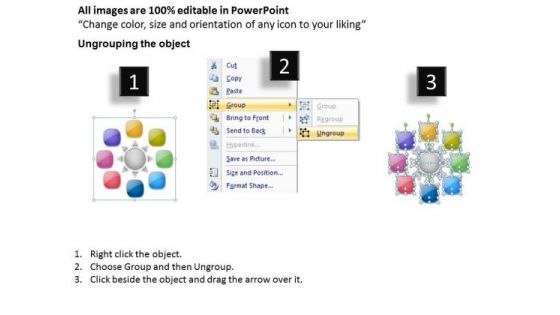 Interrelated 8 Factors Diverging Arrow Diagram Pie Network PowerPoint Templates