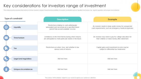 Key Considerations For Investors Range Of Investment Strategic Investment Plan For Optimizing Risk SS V Key Considerations For Investors Range Of Investment Strategic Investment Plan For Optimizing Risk SS V