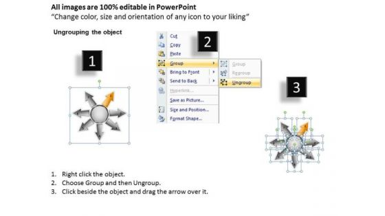 Layout Of Converging 7 Steps Linear Flow Circular Arrow Chart PowerPoint Slides