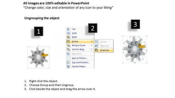 Linear Flow Connecting Diverging 9 Arrows Business Circular Spoke Network PowerPoint Slides