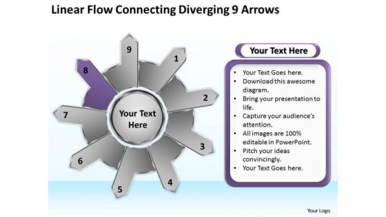 Linear Flow Connecting Diverging 9 Arrows Ppt Cycle Diagram PowerPoint Slides