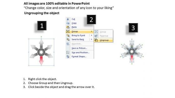 List Of 6 Key Steps Marketing Diverging Processes Circular Chart PowerPoint Slides