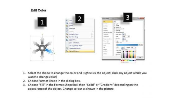 List Of 6 Key Steps Marketing Diverging Processes Radial Diagram PowerPoint Slides