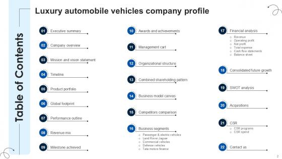Luxury Automobile Vehicles Company Profile Ppt Presentation CP CD V