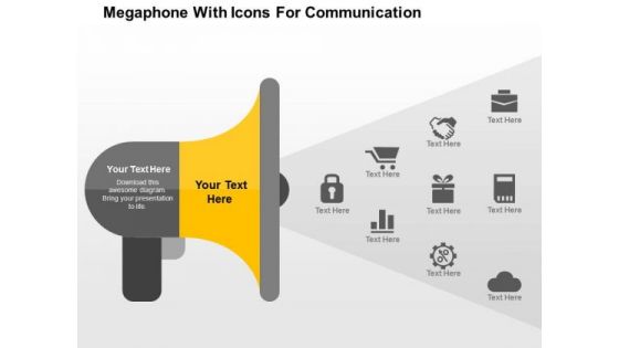 Megaphone With Icons For Communication PowerPoint Template Megaphone With Icons For Communication PowerPoint Template