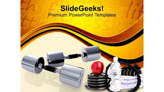 Metallic Dumbbells Body Fitness Material PowerPoint Templates Ppt Backgrounds For Slides 0113